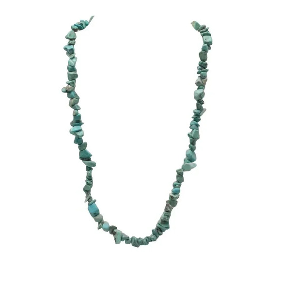 Blue Turquoise Chips Statement Long Necklace Earrings Set Silver Tone Vintage - Picture 2 of 8